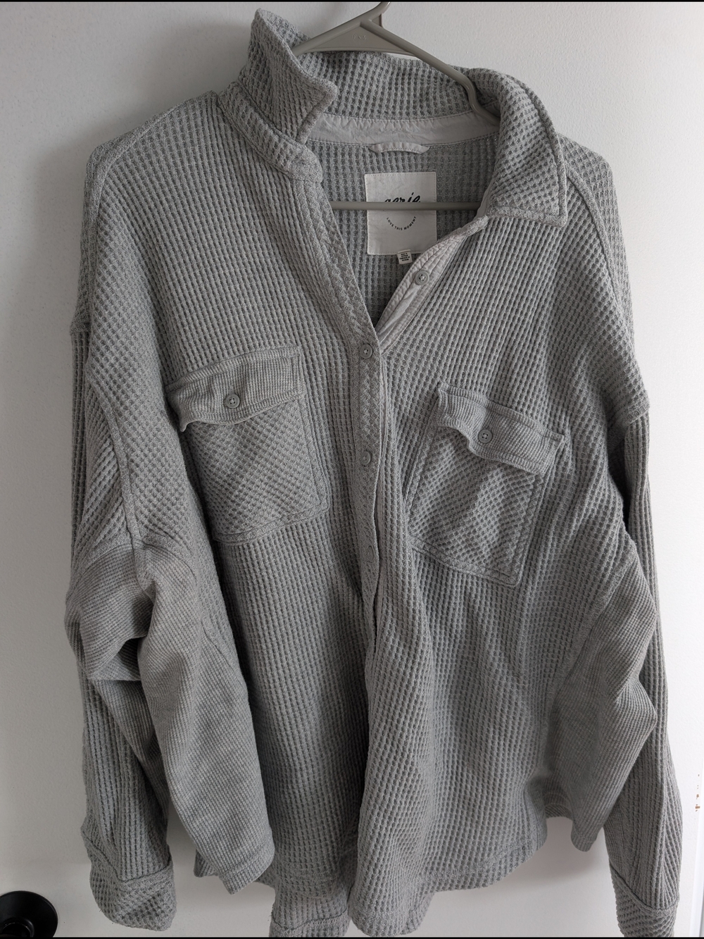 Grey Waffle Knit Button-Up Shirt Jacket